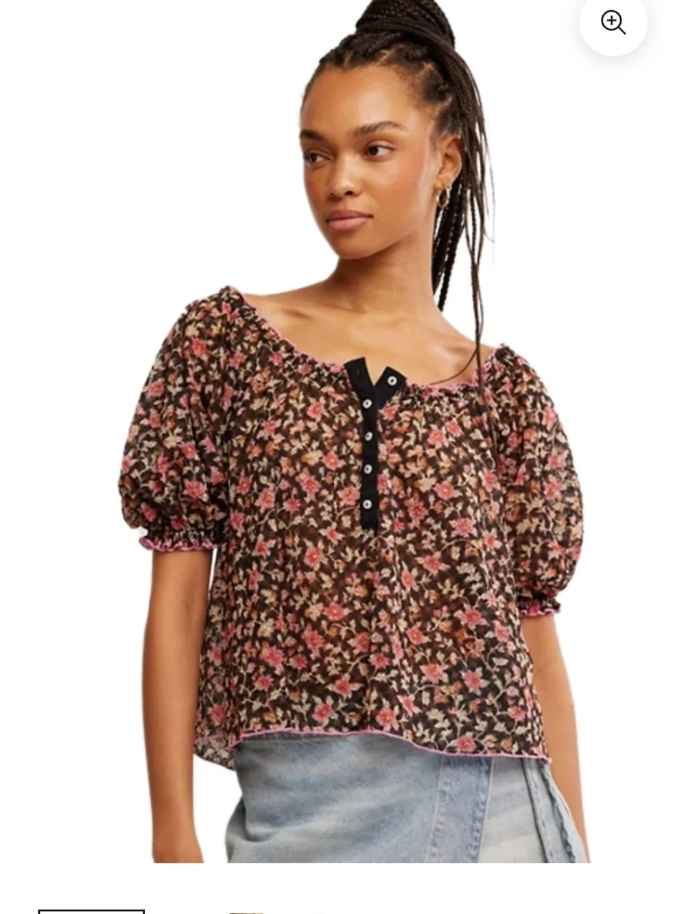 adidas Black Floral Puff-Sleeve Button Henley Top